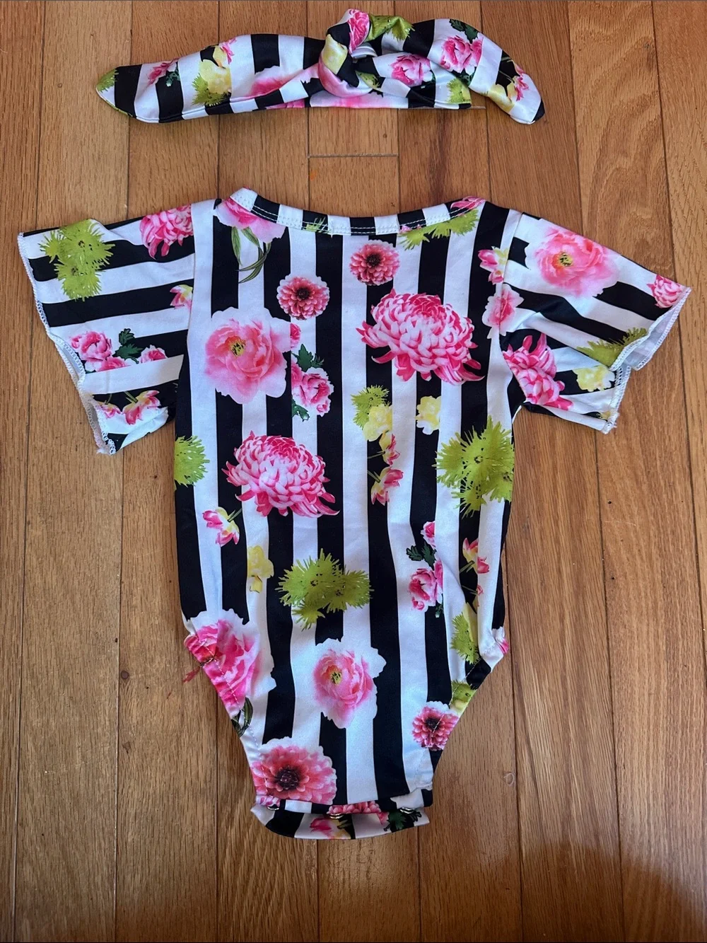 Striped Floral Baby Romper with Headband - Black, White & Pink